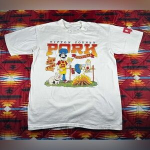 Vintage 90's Pork Festival T Shirt Pig White Size Large Tipton Indiana Q95 Radio